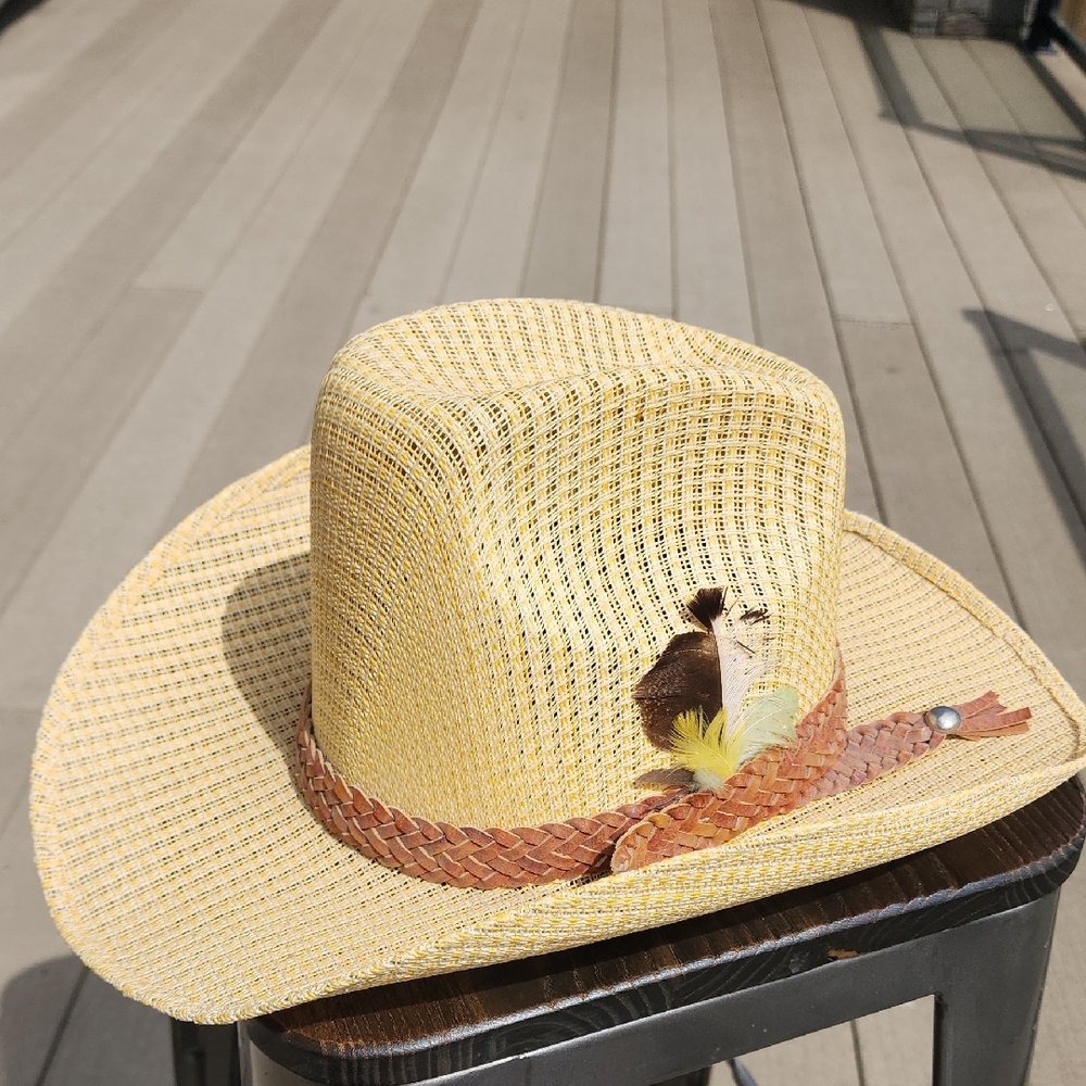 7.25 58 Somberos Peredo Superlino Mexican Straw Cowboy Hat Feather Accent